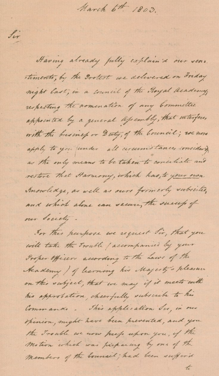 Carta a Benjamin West, Presidente de la Real Academia, 1803 de Unbekannt