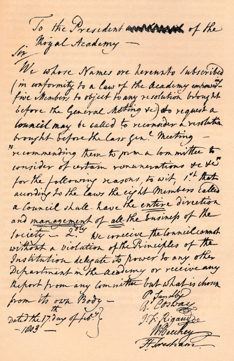 Carta a Benjamin West, Presidente de la Real Academia, 1803 1904 de Unbekannt