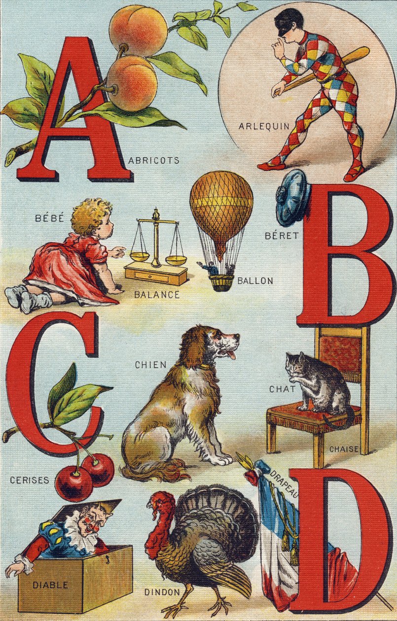 Letras A B C D; Albaricoques; Arlequín; Balanza; Globo; Bebé; Cerezas; Gato Silla; Perro; Manta; Diablo; Pavo; Bandera. Grabado en "Alphabet de ma petite fille". Bernardin-Bechet y Fils, libreros-editores, París, alrededor de 1895. Álbum inquebrantable sob de Unbekannt