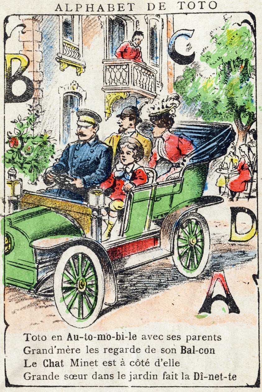 Letras A B C D Coche Balcón Gato Comidita. Grabado en "Alphabet de Toto", finales del siglo XIX. Imágenes de Pont-a-Mousson. Louis Vagne, impresor-editor. 12 páginas. Álbum publicitario que contiene un abecedario ilustrado y un método de lectura simplifica de Unbekannt
