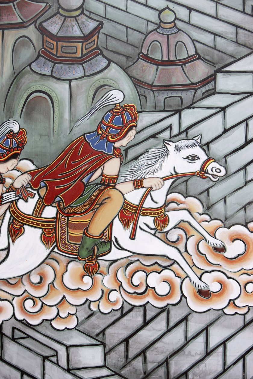 Vida de Buda Siddhartha escapó de su palacio, acompañado por Channa a bordo de su caballo Kanthaka, Seúl, Corea del Sur de Unbekannt
