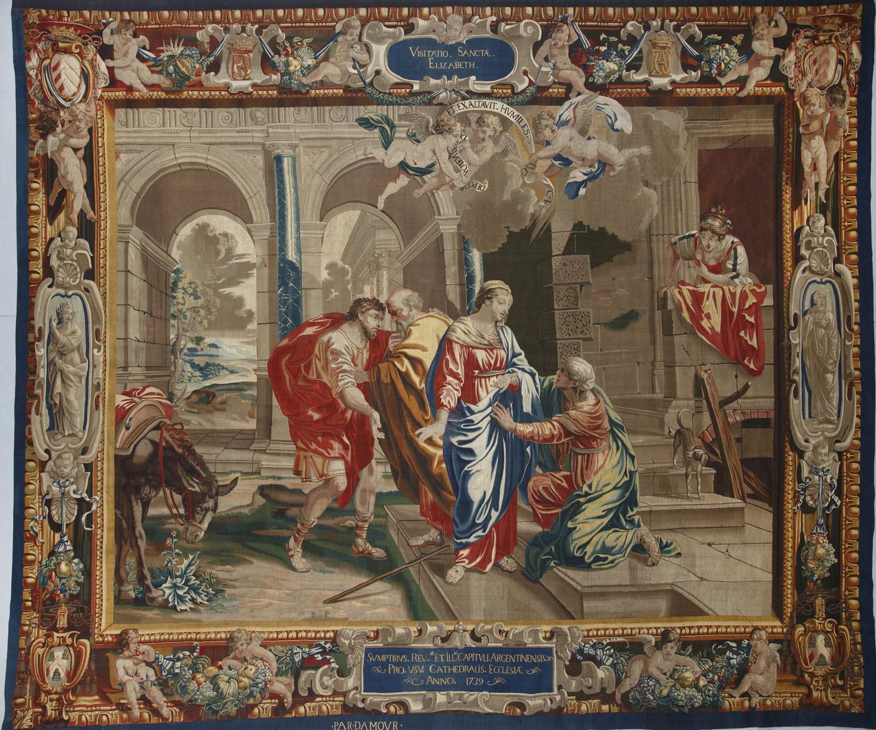 Vida de la Virgen: “La Visitación” la visita de María a Isabel, José y Zacarías detrás de ellos - Tapiz de lana y seda hecho en el taller de Pierre Damour después de los dibujos de Charles Poerson (1609-1667) de Unbekannt