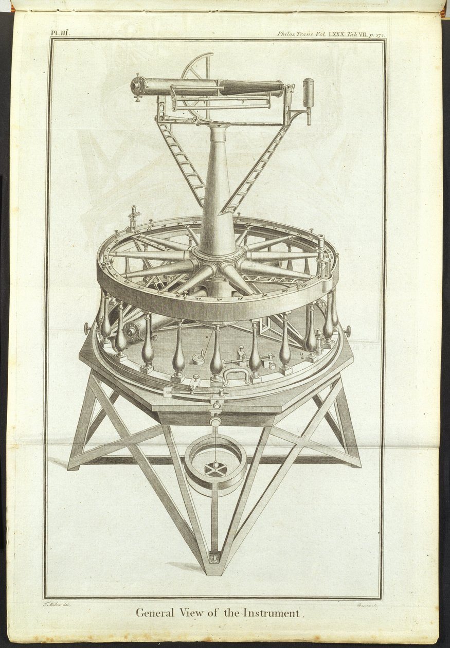 Grabado de la primera gran teodolita (círculo horizontal de 3 pies) representada en las Transacciones Filosóficas de la Royal Society Vol de Unbekannt