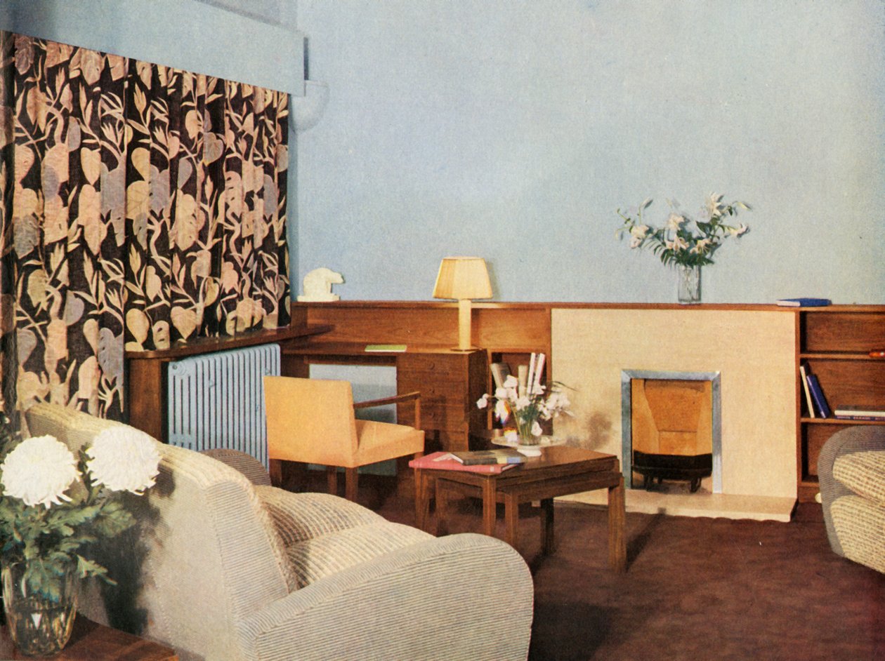 Sala de estar en el apartamento de la Srta. Dinshaw, Stockleigh Hall, Regents Park, Gordon Russell Ltd., 1937 de Unbekannt