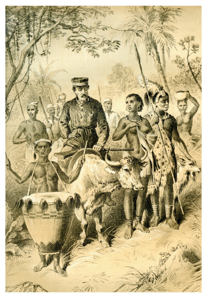 Livingstone débil por la fiebre escoltado a la ciudad de Shinte, c. 1854 1883 de Unbekannt