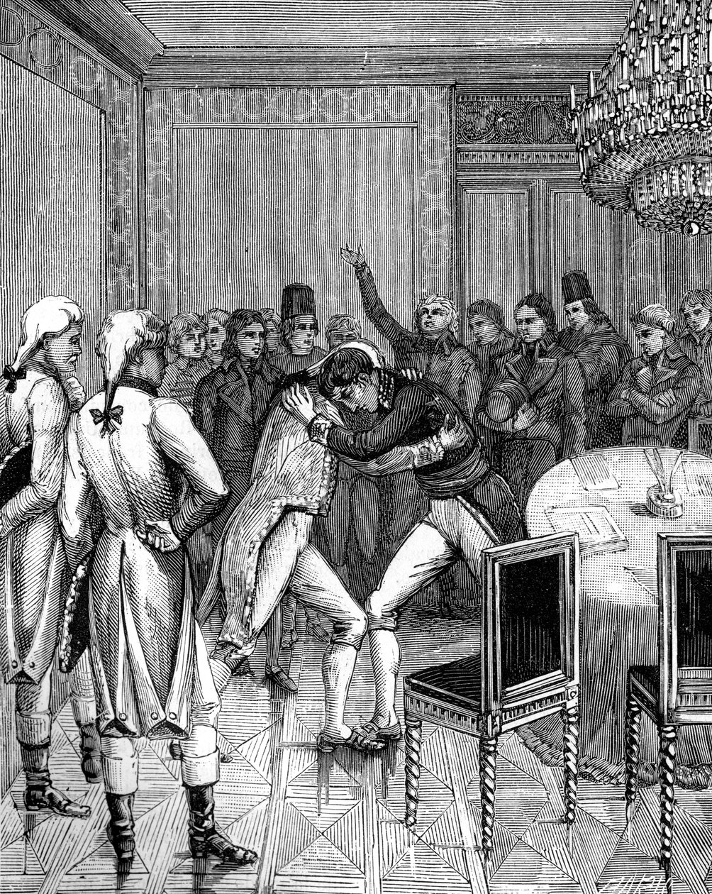 Lord Cornwallis y Joseph Bonaparte se abrazan en Amiens, Francia, 1802, 1882-1884 de Unbekannt