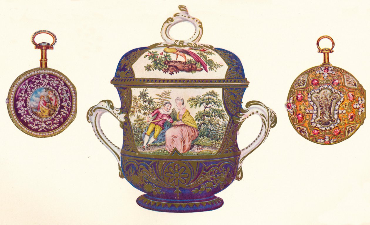 Repetidor de oro de Luis XVI, c. 1770, Porrón y tapa de porcelana de Old Chelsea, c. 1710, 1903 de Unbekannt