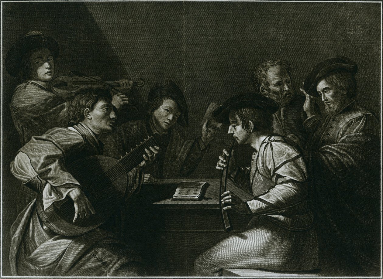 Laúd, violín y zinc negro curvado, grabado italiano del año 1784 de Unbekannt