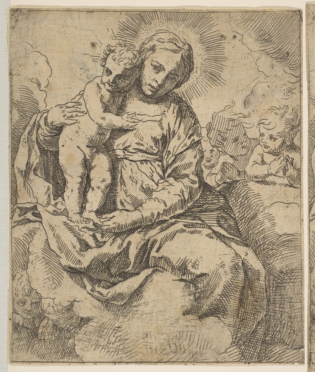 Madonna y Niño sentados en las nubes y rodeados de ángeles, copia inversa, ca. 1639 o después de Unbekannt