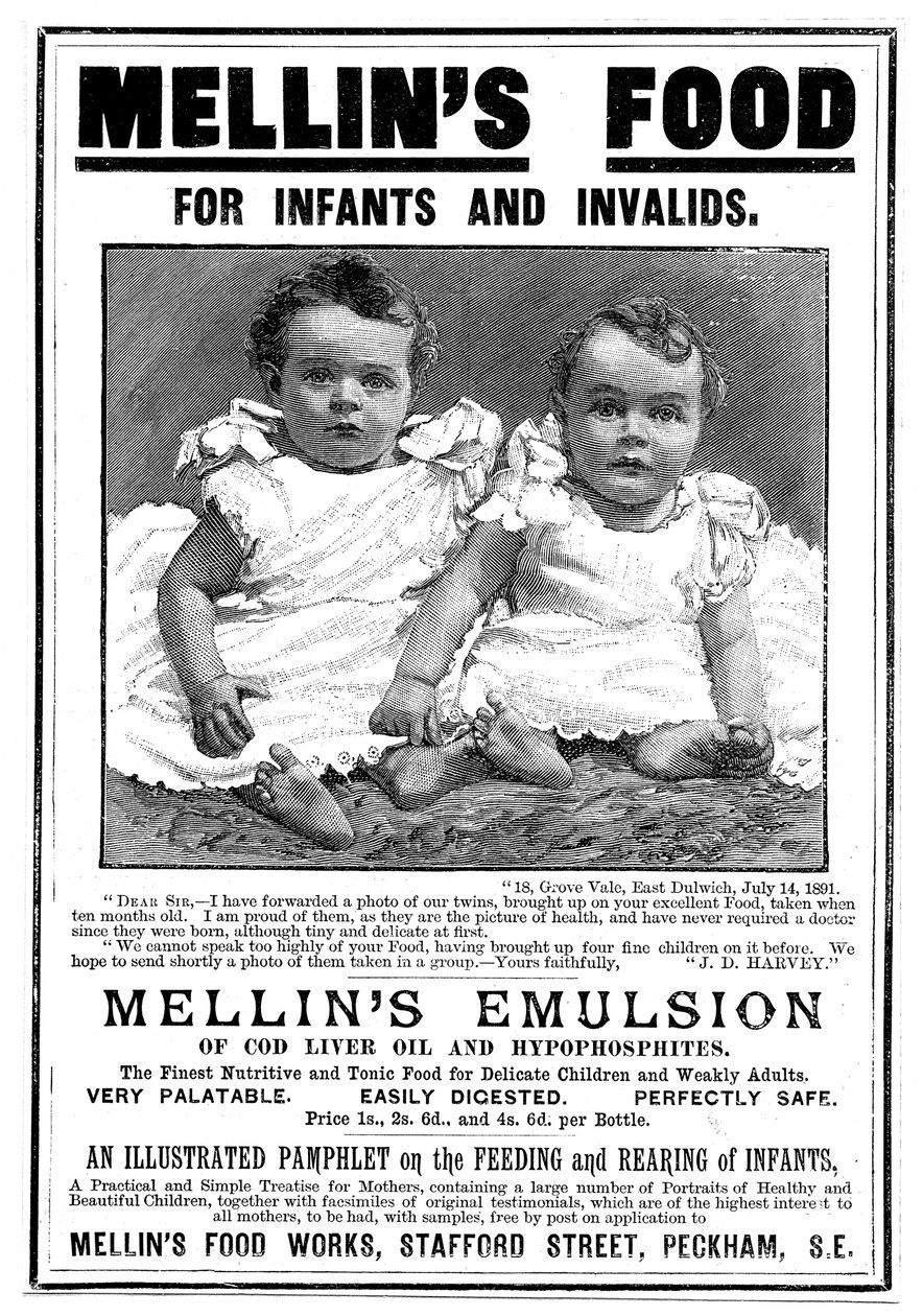 Anuncio de revista para Mellins Emulsion, un suplemento alimenticio basado en aceite de hígado de bacalao, c1890 de Unbekannt