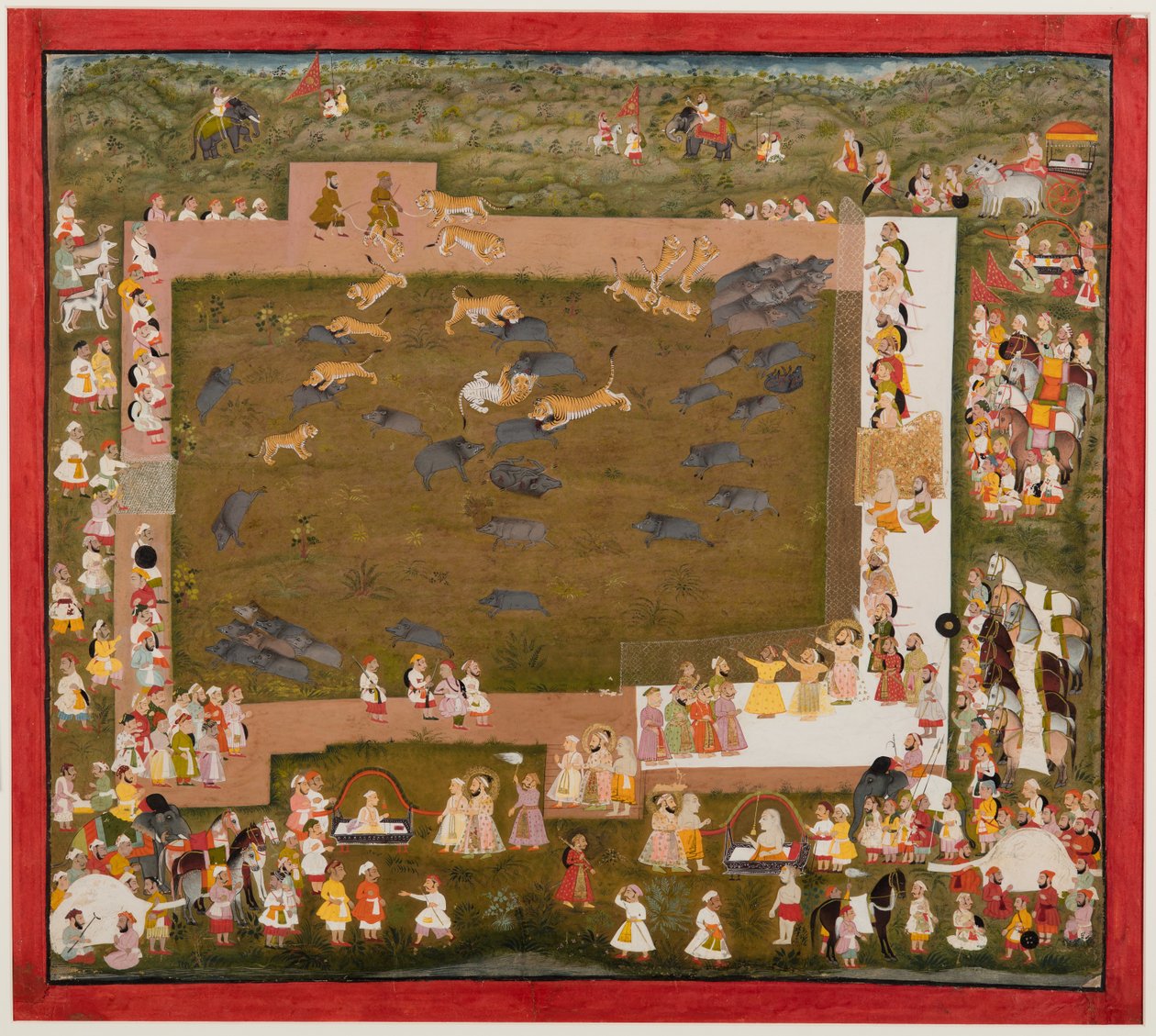 Maharajá Sangram Singh y su corte observan una pelea entre tigres y jabalíes en Sadri, c. 1720 de Unbekannt