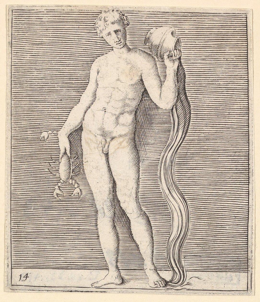 Hombre con cangrejo de río y urna de agua, publicado ca. 1599-1622 de Unbekannt