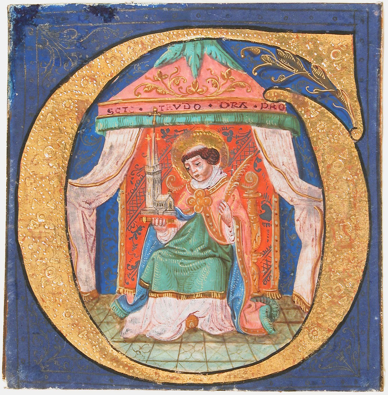 Iluminación de manuscrito con San Trudo Trond en una inicial O, de un libro de coro, siglo XV de Unbekannt