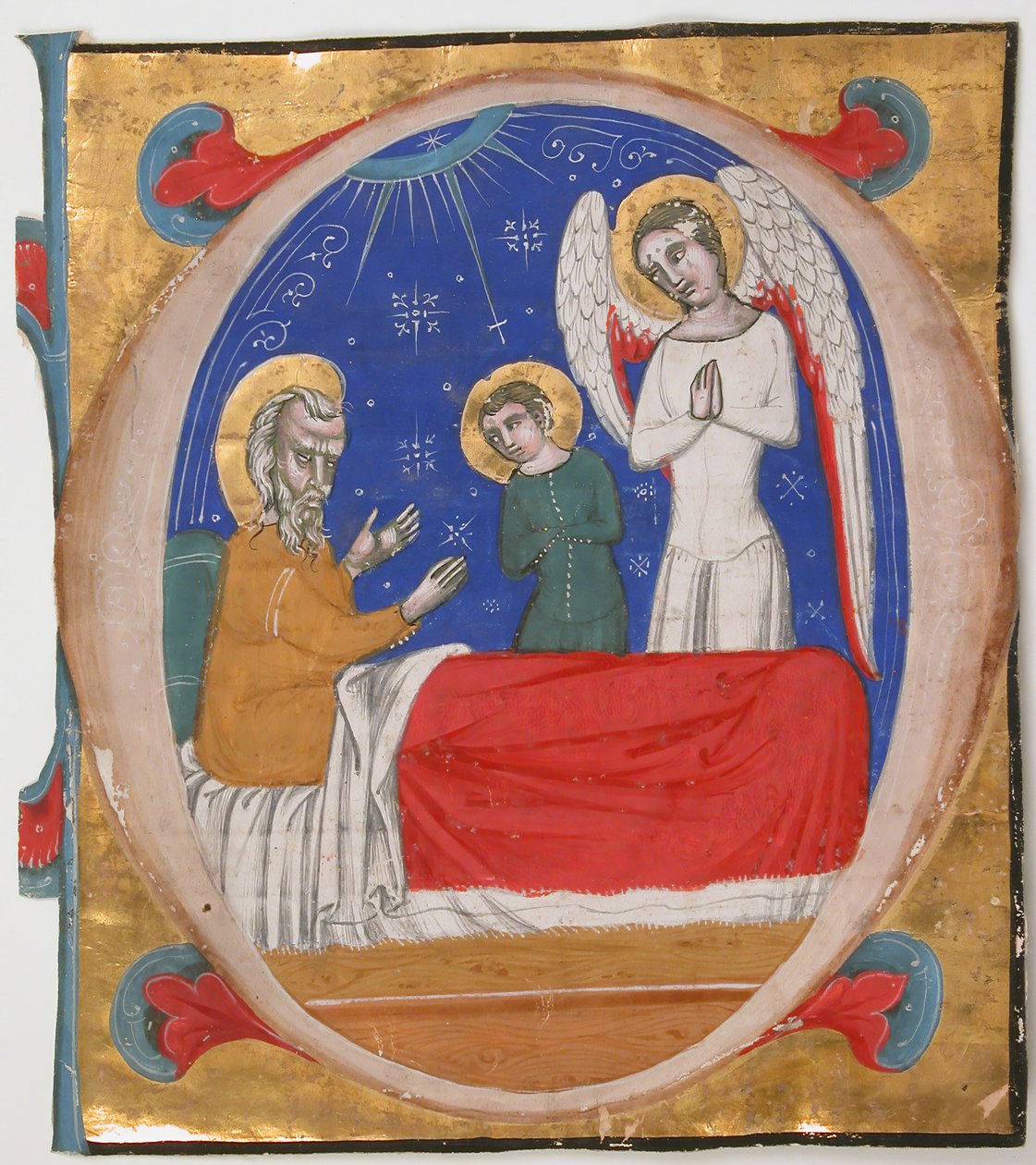 Iluminación de Manuscrito con Tobit, Tobias y el Arcángel Rafael en una Inicial O de Unbekannt