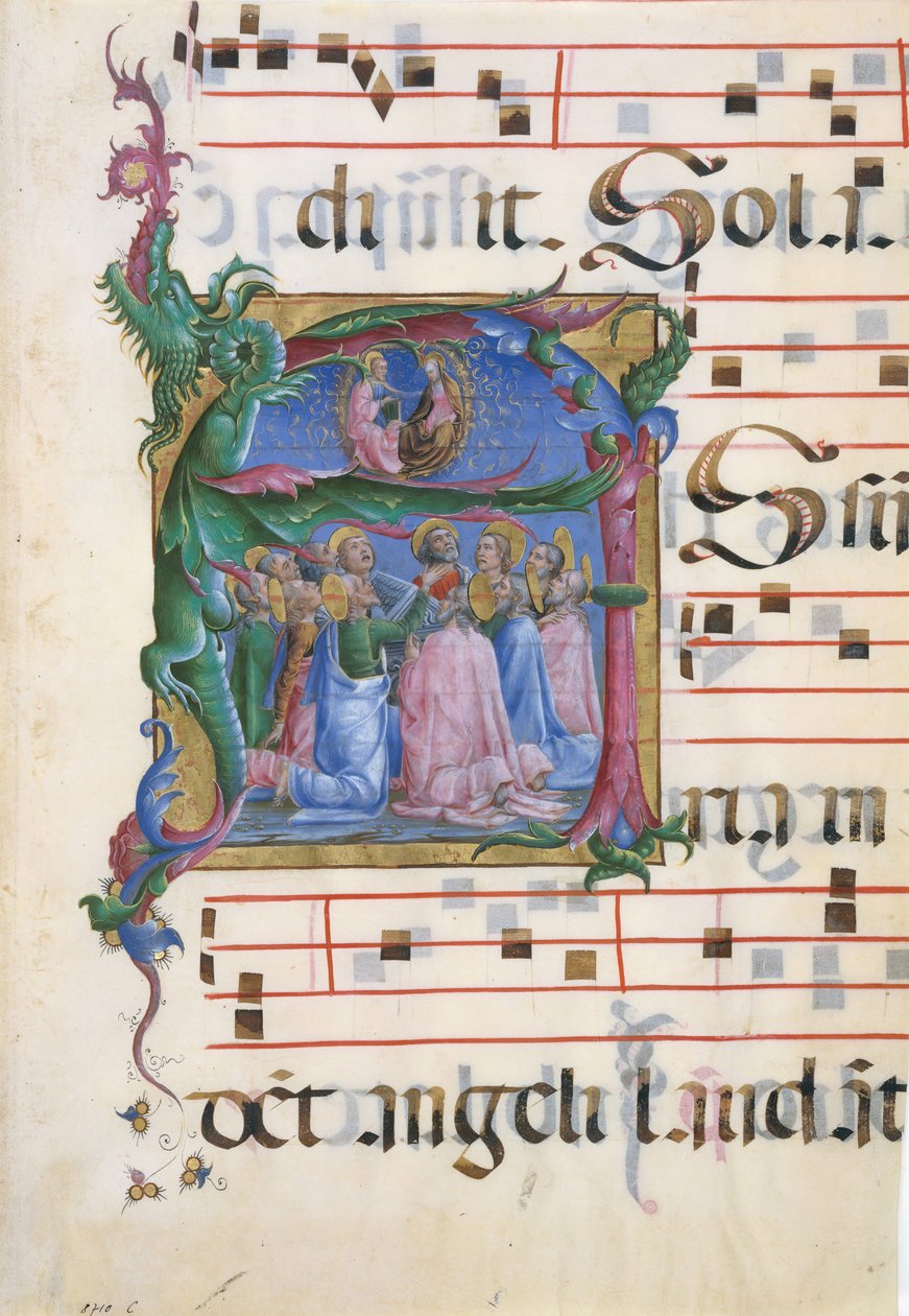 Iluminación de manuscrito con la Asunción de la Virgen en una inicial A, italiano de Unbekannt
