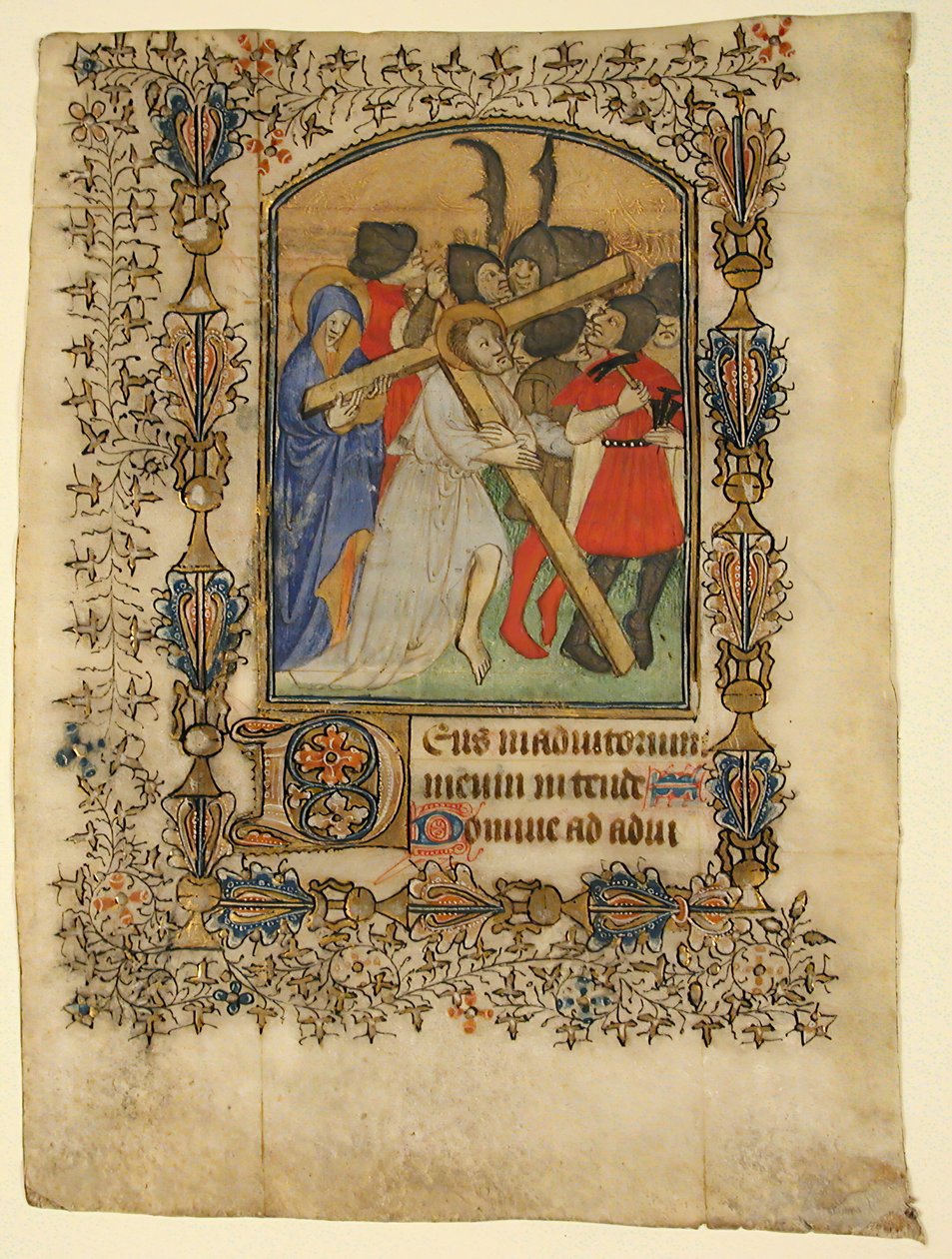 Hoja de manuscrito de un libro de horas mostrando una inicial iluminada D y Cristo, 1390-1400 de Unbekannt