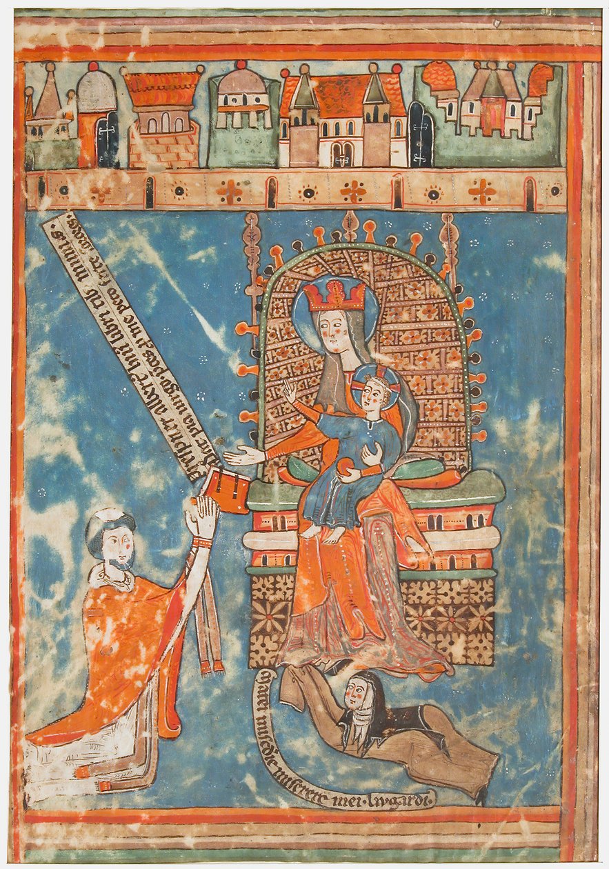 Hoja de manuscrito con la dedicación de un libro a la Virgen, alemán, ca. 1400 de Unbekannt
