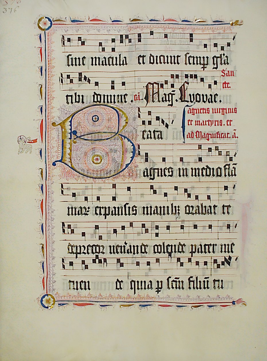 Hoja de manuscrito con inicial B, de un antifonario, alemán, segundo cuarto del siglo XV de Unbekannt