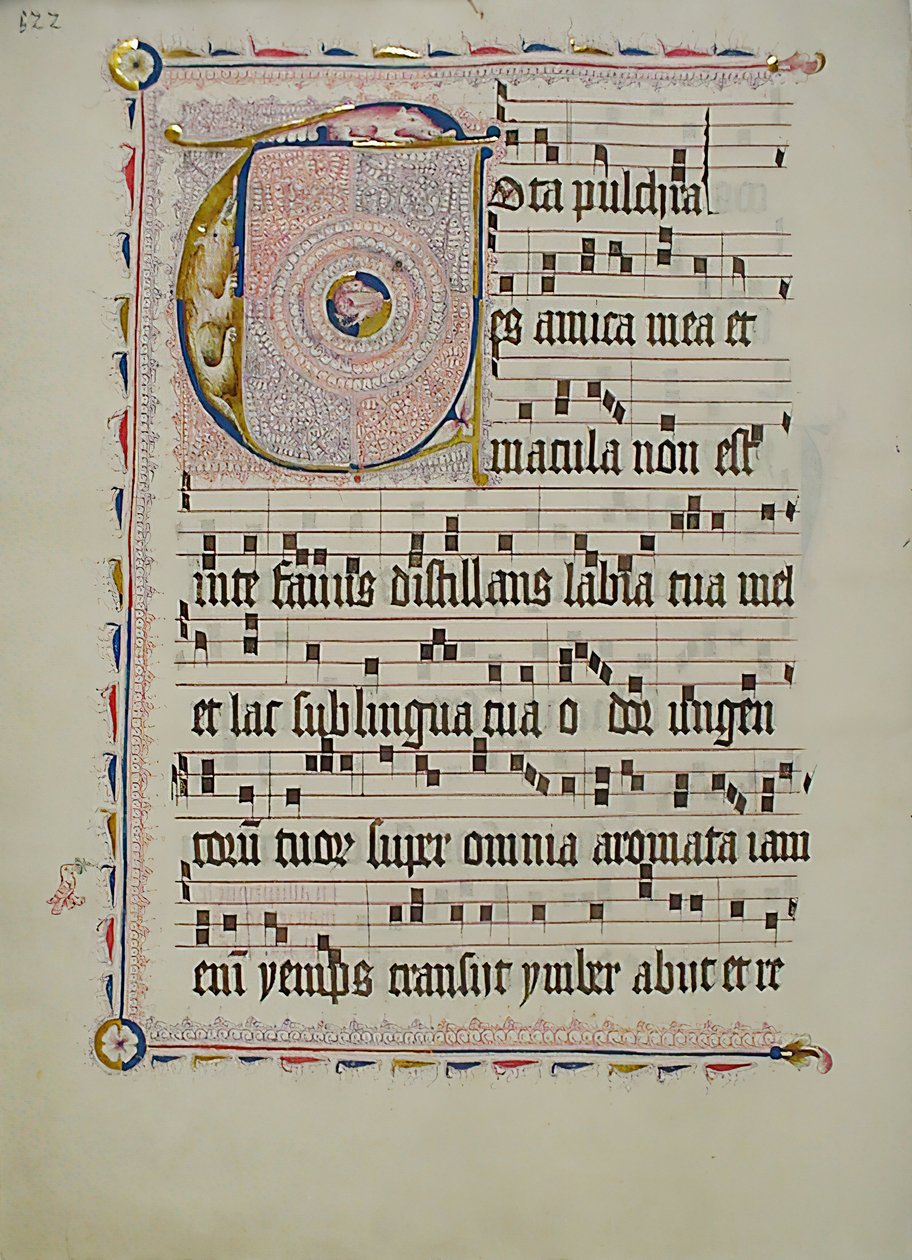 Hoja de manuscrito con inicial T, de un Antifonario, alemán, segundo cuarto del siglo XV de Unbekannt