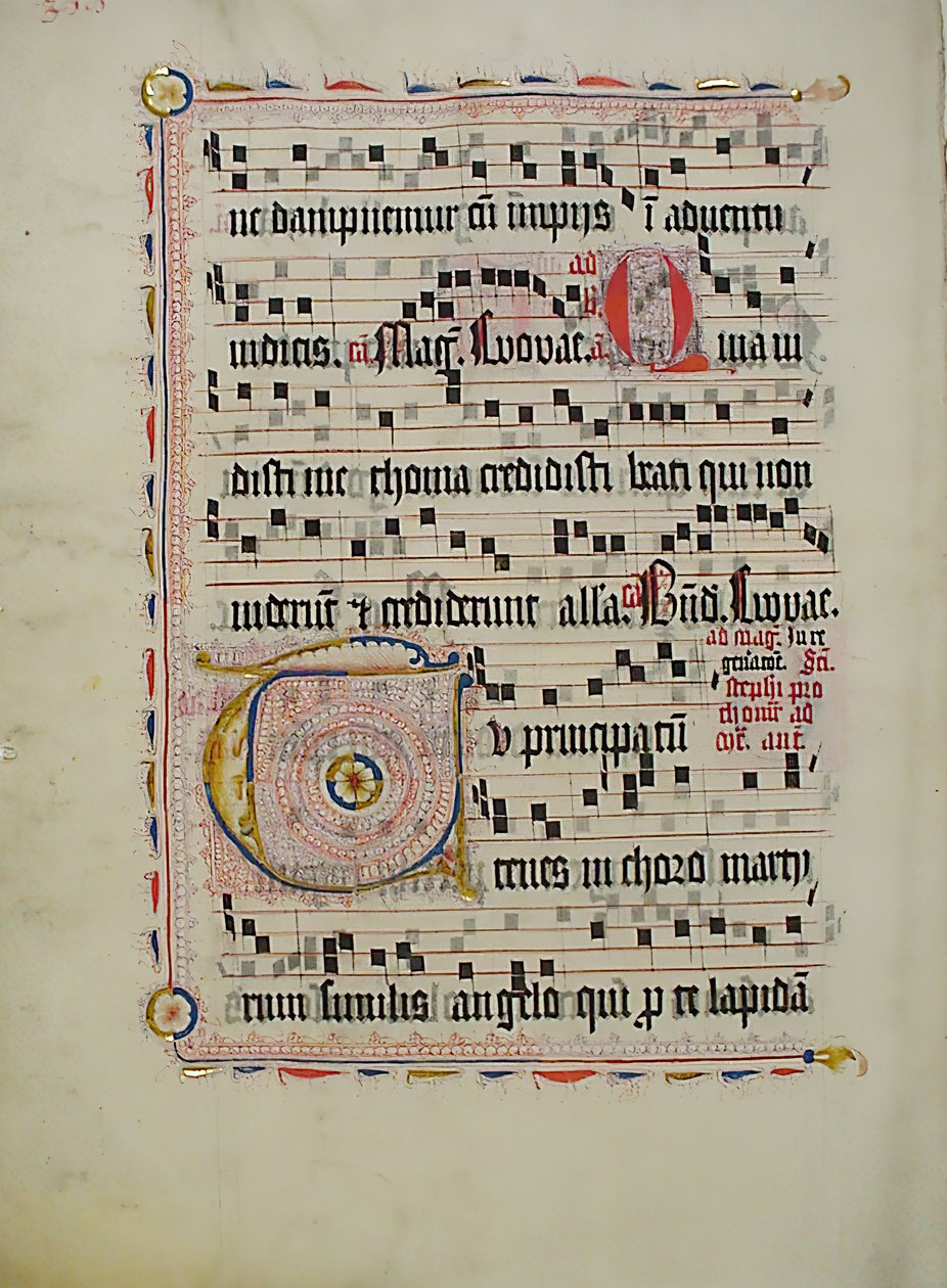 Hoja de manuscrito con inicial T, de un antifonario, alemán, segundo cuarto del siglo XV de Unbekannt