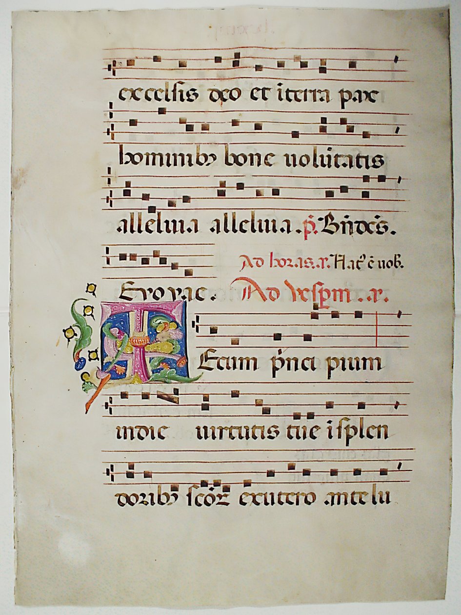 Hoja de manuscrito con inicial T, de un antifonario, italiano, siglo XV de Unbekannt