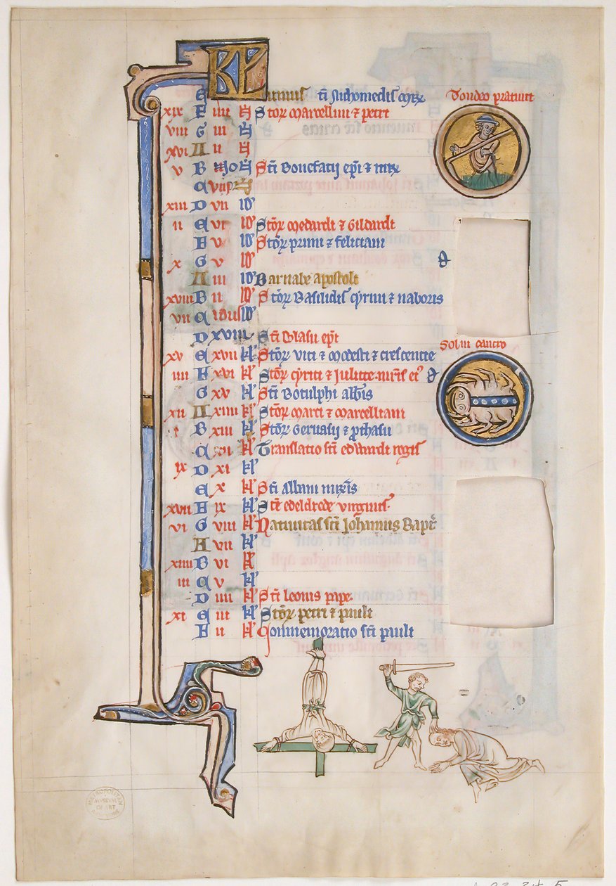 Hoja de manuscrito con calendario de junio, de un Salterio Real, británico, siglo XIII de Unbekannt