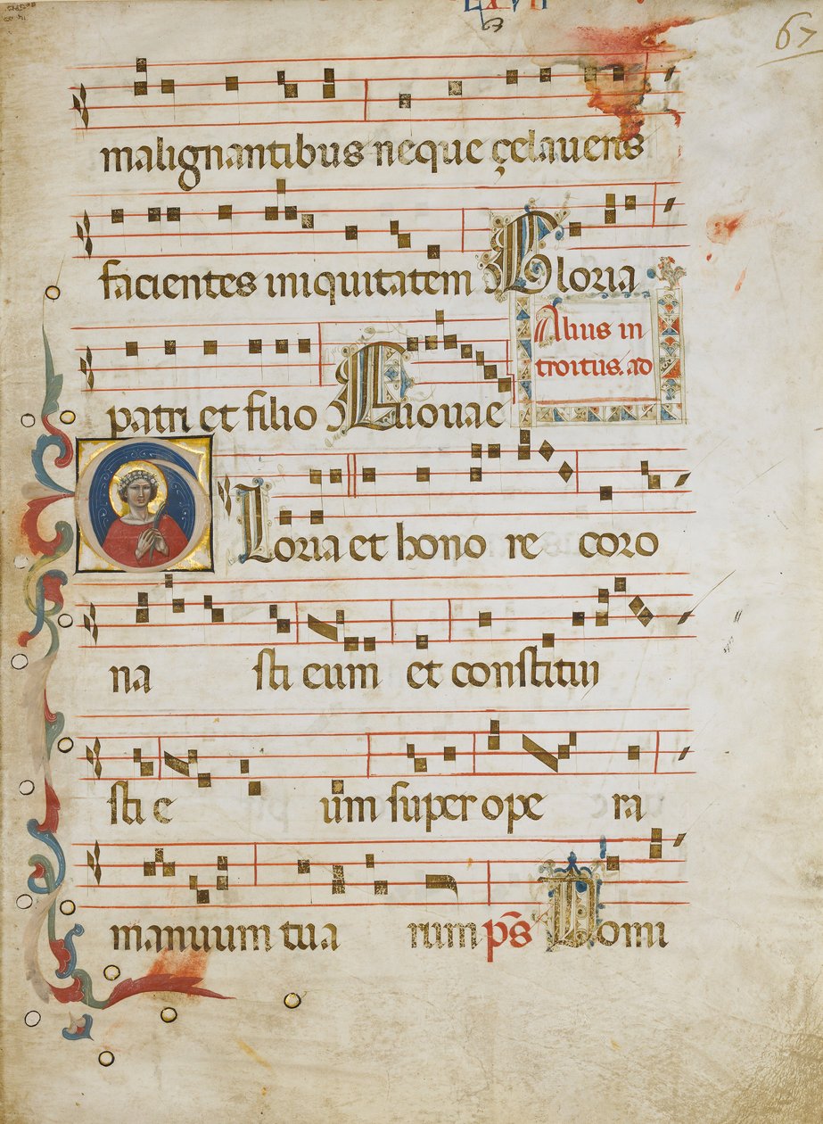 Hoja de manuscrito con una santa femenina posiblemente Dorotea en una Inicial G, de un Gradual, ca. 1330-40 de Unbekannt