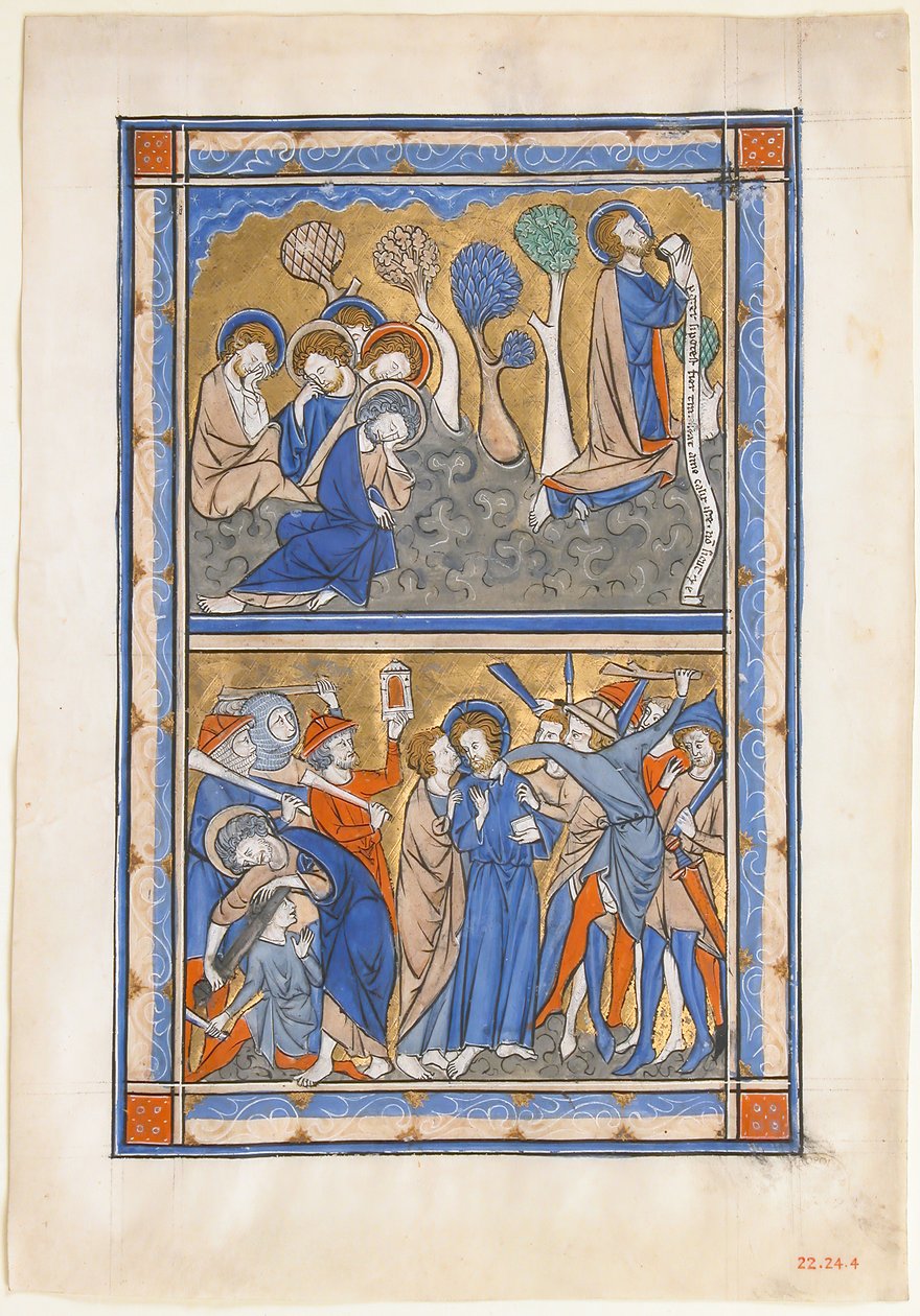 Hoja de manuscrito con la agonía en el jardín y la traición de Cristo, de un Salterio Real, ca. 1270 de Unbekannt