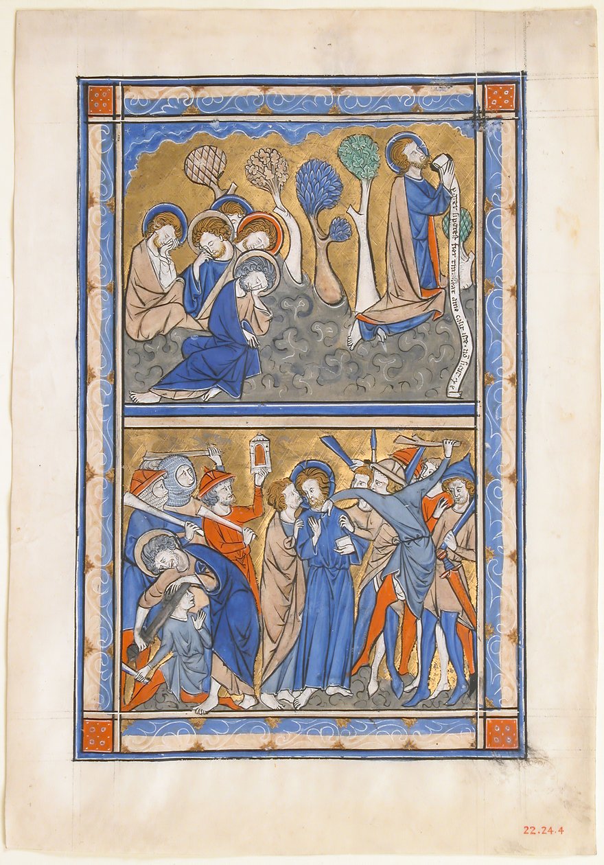 Hoja de manuscrito con la agonía en el jardín y la traición de Cristo, de un Salterio Real de Unbekannt