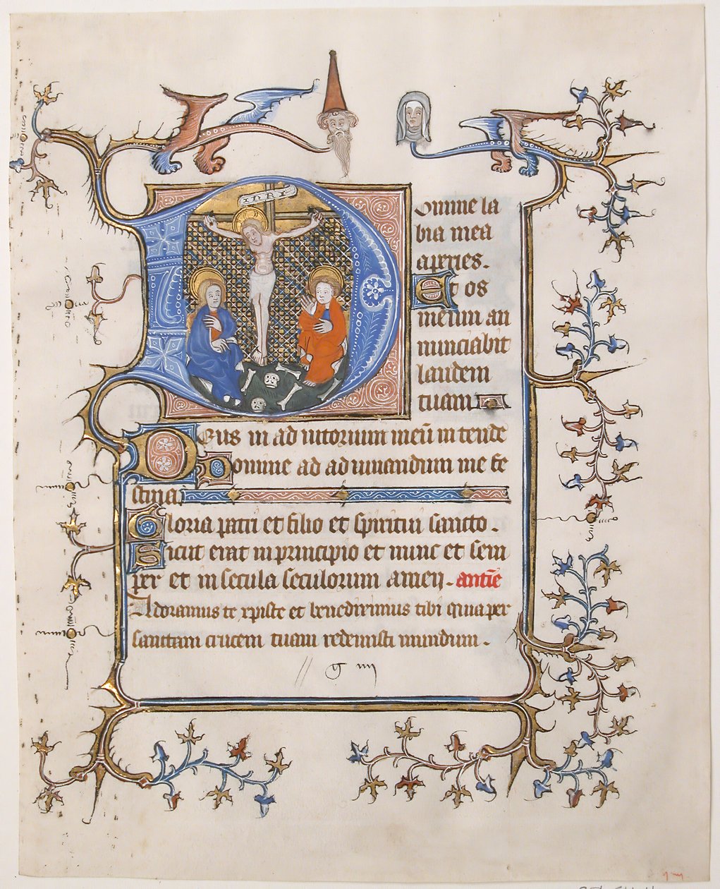 Hoja de manuscrito con la Crucifixión en una inicial D, de un libro de horas, ca. 1350 de Unbekannt
