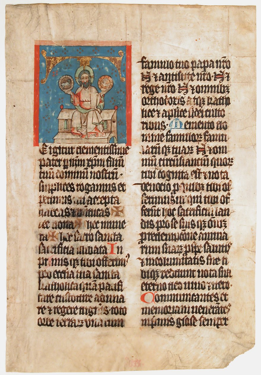 Hoja de manuscrito con la Santísima Trinidad en una Inicial T, de un Misal, ca. 1390 de Unbekannt