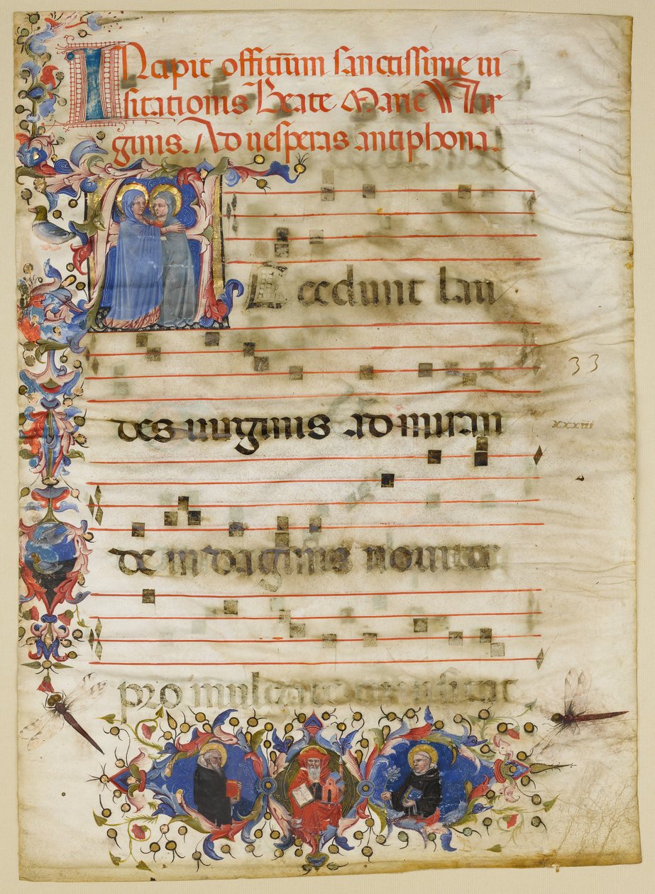Hoja de manuscrito con la Visitación en una Inicial A y el Cardenal Adam Easton, italiano, ca. 1400 de Unbekannt