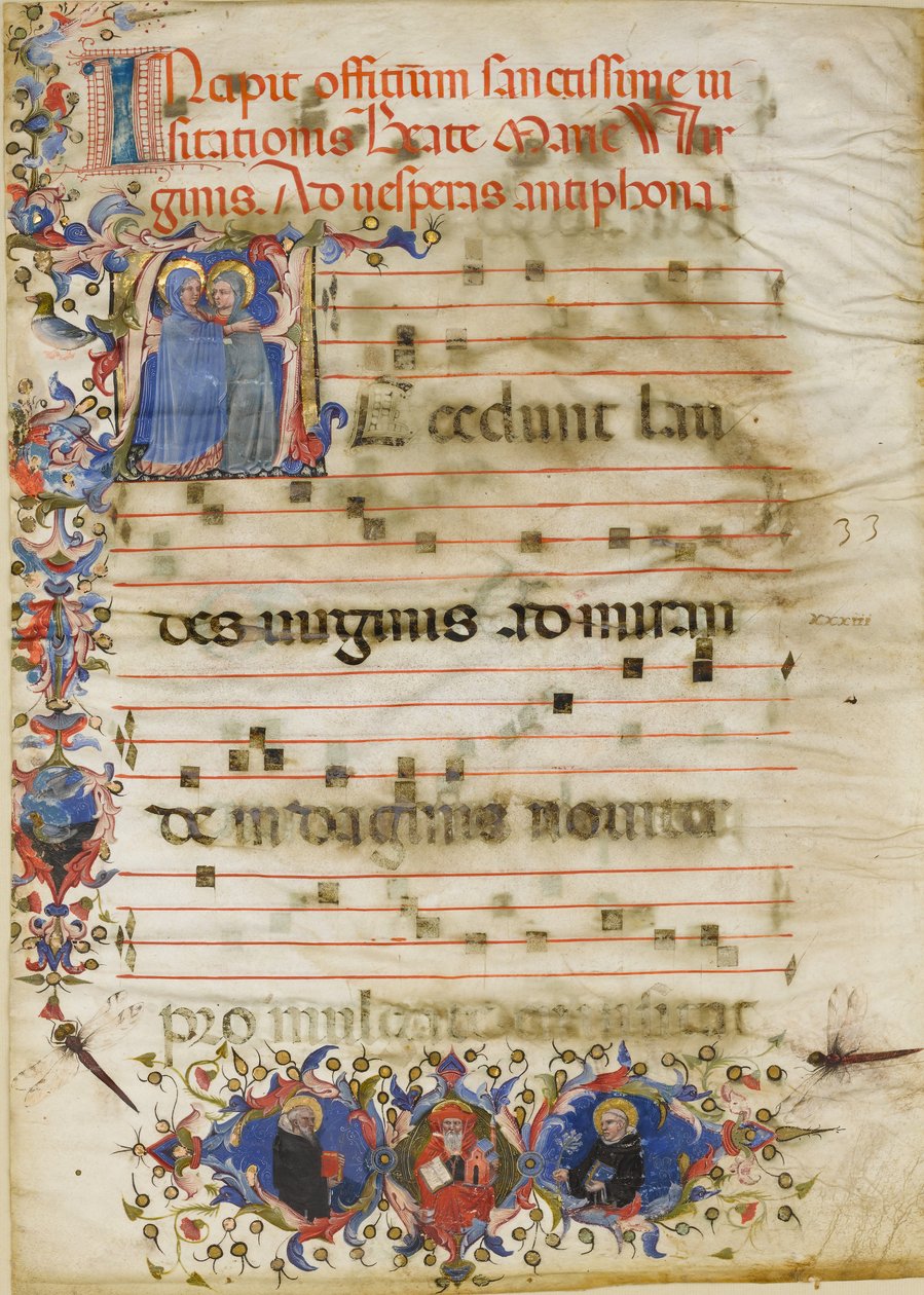 Hoja de Manuscrito con la Visitación en una Inicial A y el Cardenal Adam Easton..., ca. 1400 de Unbekannt
