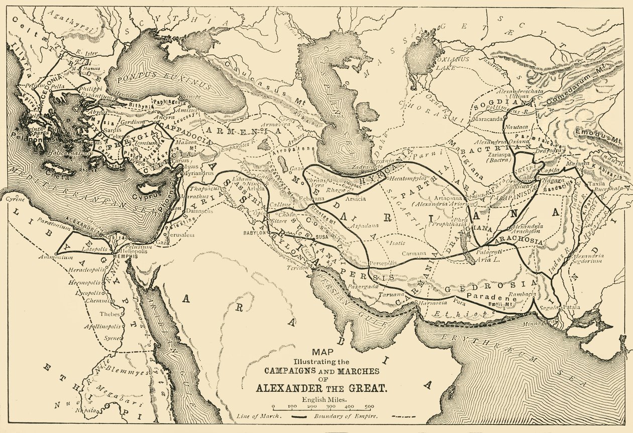 Mapa Ilustrando las Campañas y Marchas de Alejandro Magno, 1890 de Unbekannt