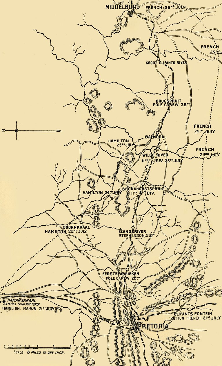 Mapa que ilustra el movimiento hacia el este desde Eerstefabrieken a Middelburg de Unbekannt