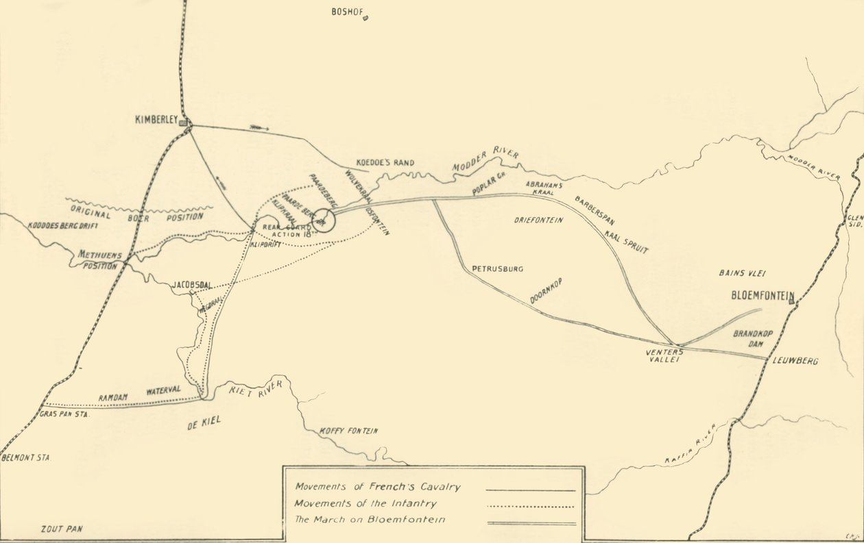 Mapa que ilustra los movimientos para el alivio de Kimberley y la captura de Bloemfontein, 1901 de Unbekannt