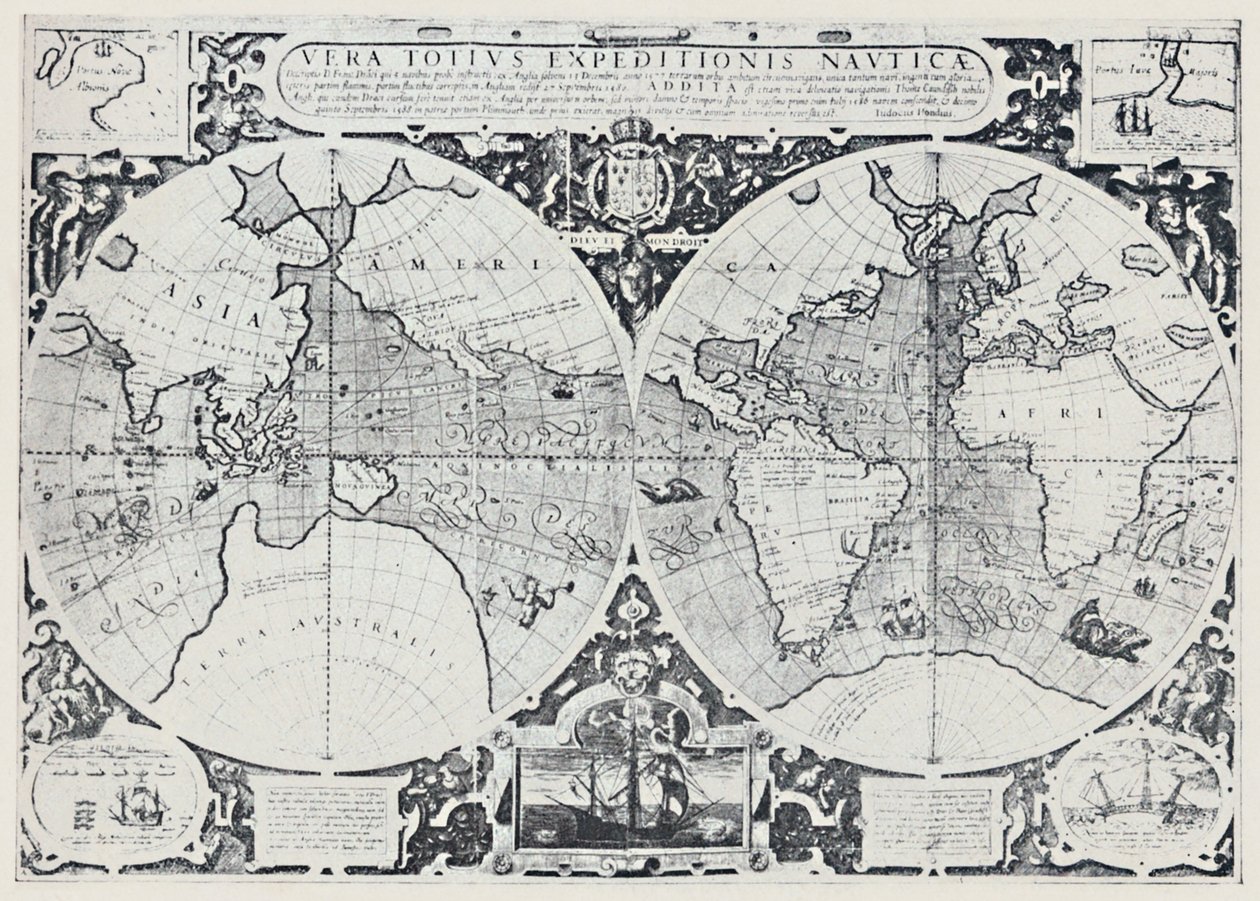 Mapa que muestra el viaje de circunnavegación de Drake 1577-1580, 1923 de Unbekannt