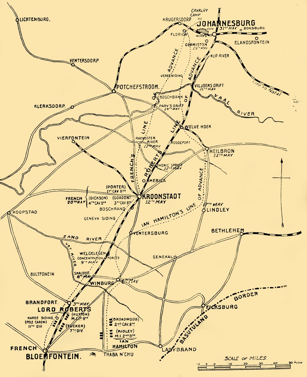 Mapa que muestra las líneas de avance de Bloemfontein a Pretoria, 1901 de Unbekannt