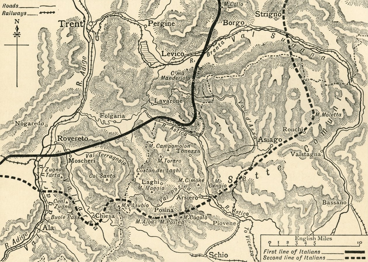 Mapa que ilustra el ataque austriaco en el Trentino, mayo de 1916, c. 1920 de Unbekannt