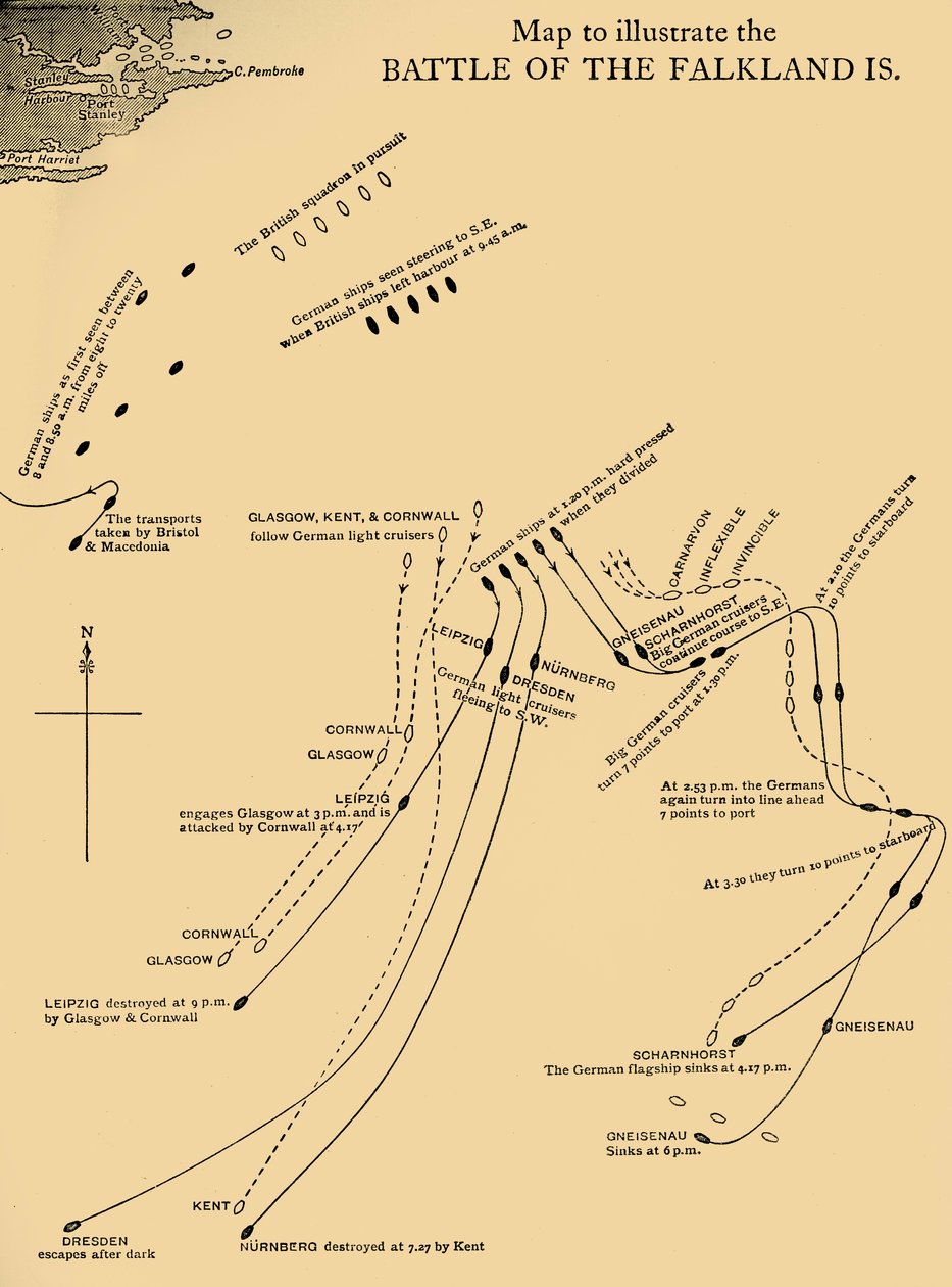 Mapa que ilustra la Batalla de las Islas Malvinas el 8 de diciembre de 1914, c1920 de Unbekannt