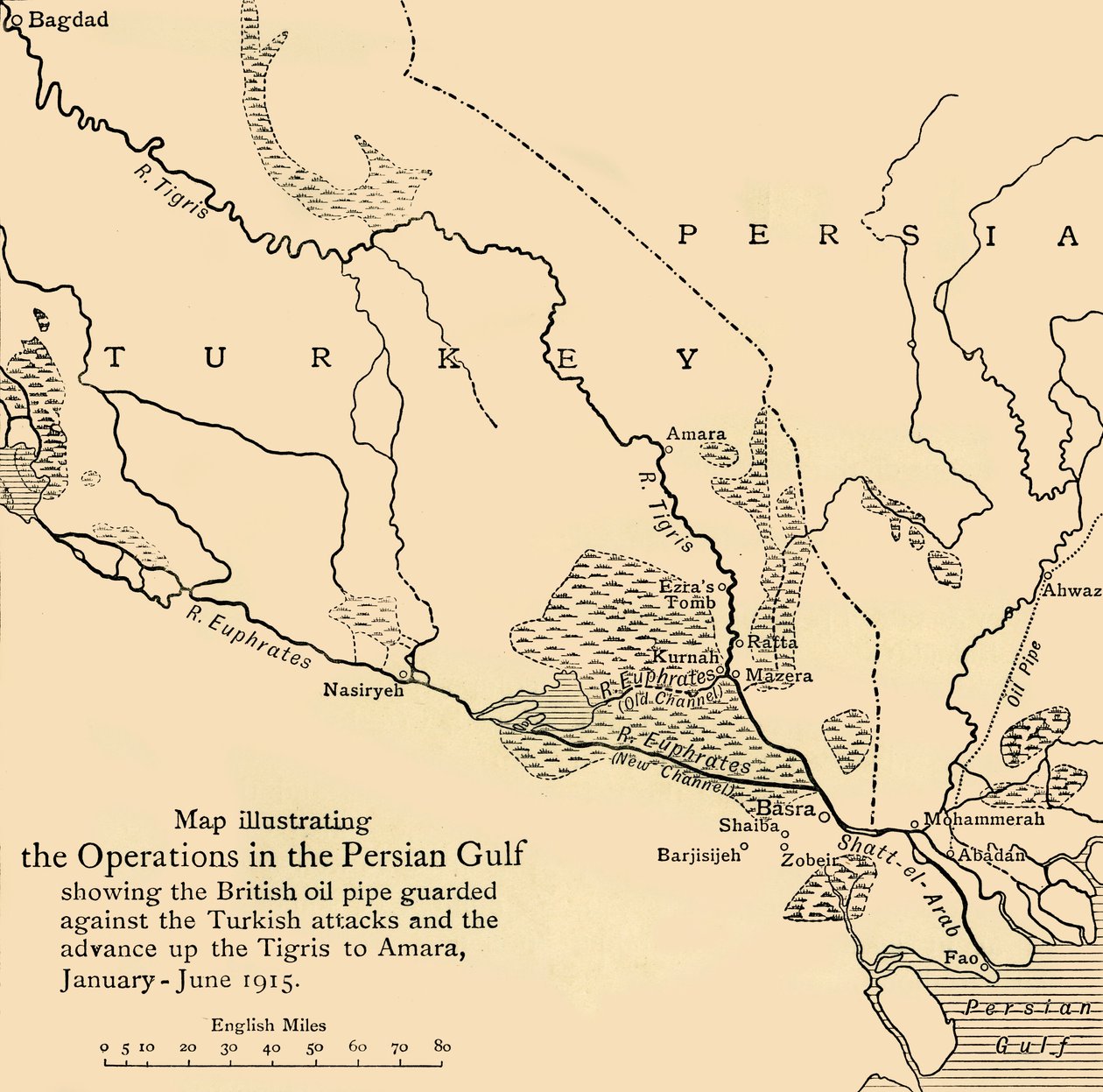 Mapa que ilustra las operaciones en el Golfo Pérsico, Primera Guerra Mundial de Unbekannt