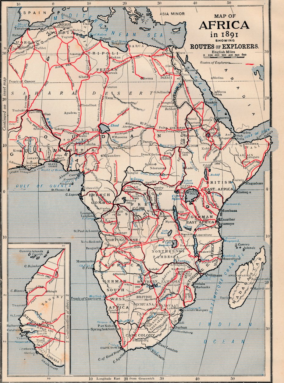 Mapa de África en 1891 mostrando rutas de exploradores de Unbekannt