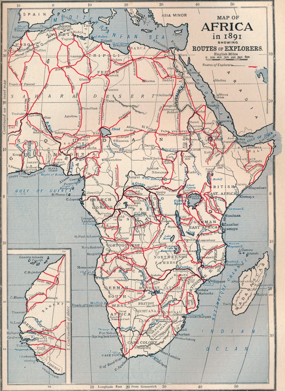 Mapa de África en 1891 mostrando rutas de exploradores, 1906 de Unbekannt