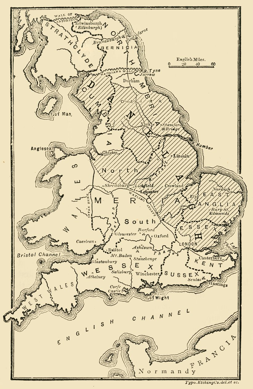 Mapa de Inglaterra, mostrando los reinos anglosajones y distritos daneses, siglo IX, 189 de Unbekannt