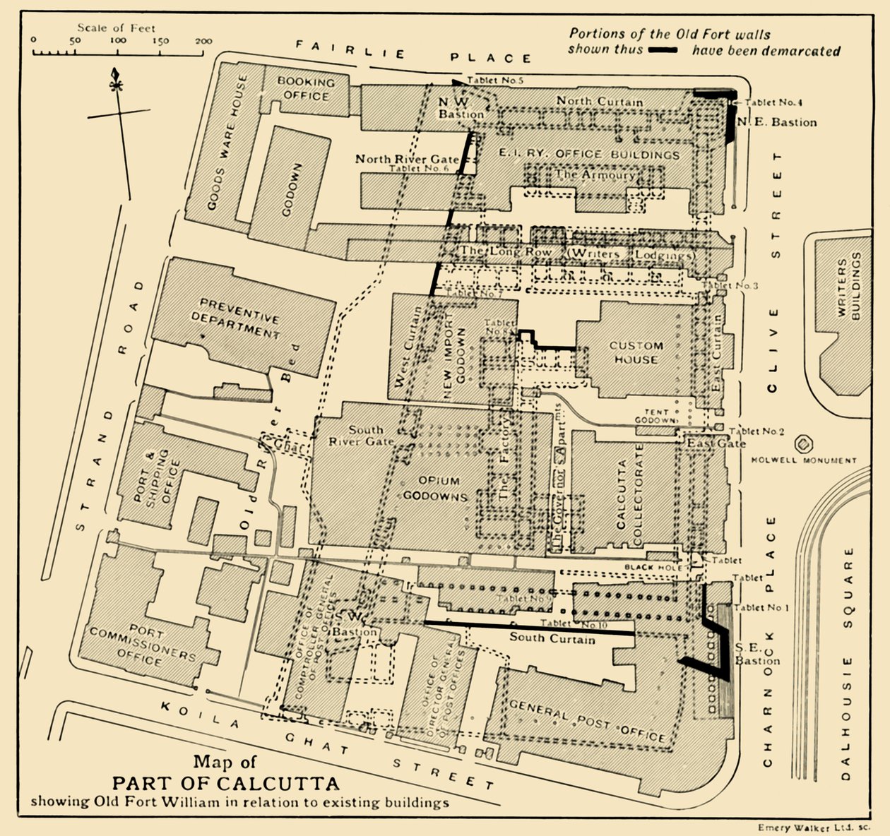 Mapa de parte de Calcuta mostrando el Viejo Fuerte William en relación con los edificios existentes, 1925 de Unbekannt