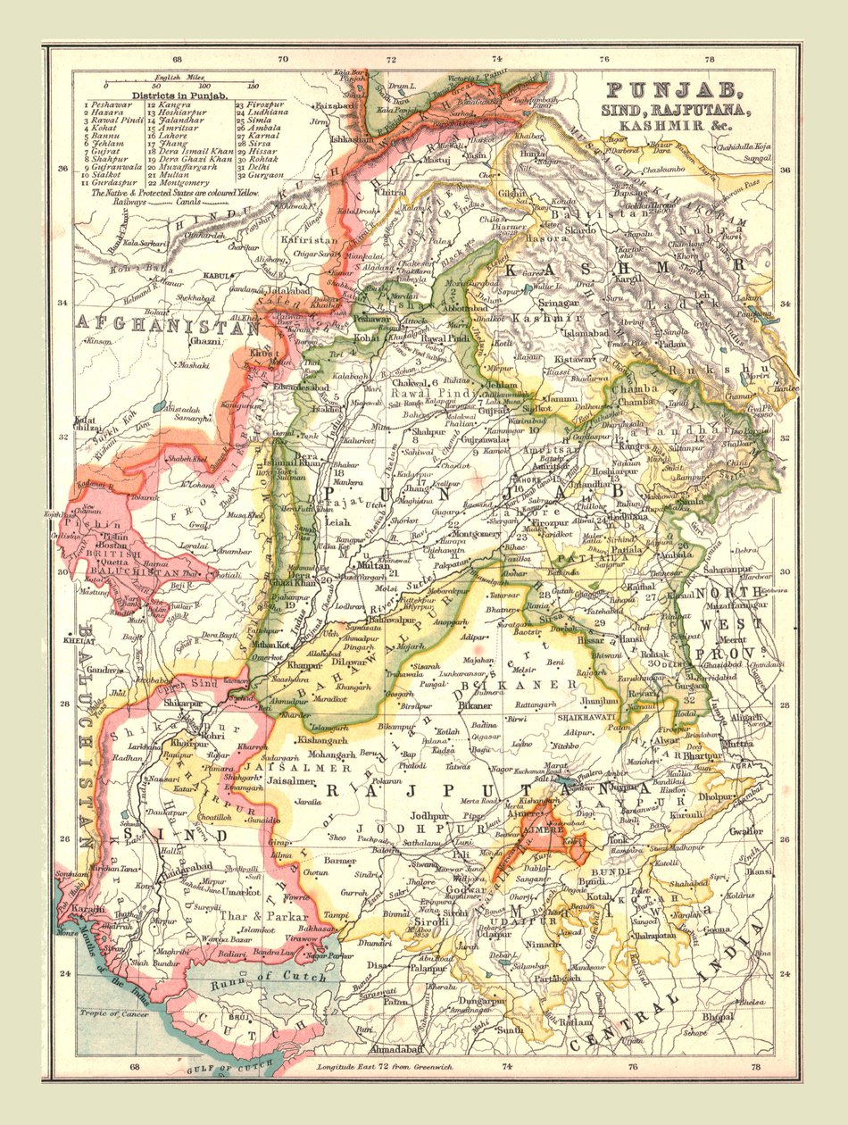 Mapa de Punjab, Sind, Rajputana y Cachemira, 1902 de Unbekannt
