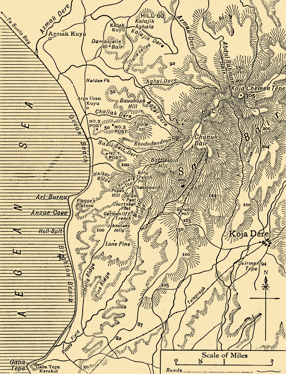 Mapa de Sari Bair, península de Gallipoli, Primera Guerra Mundial, 1915 de Unbekannt