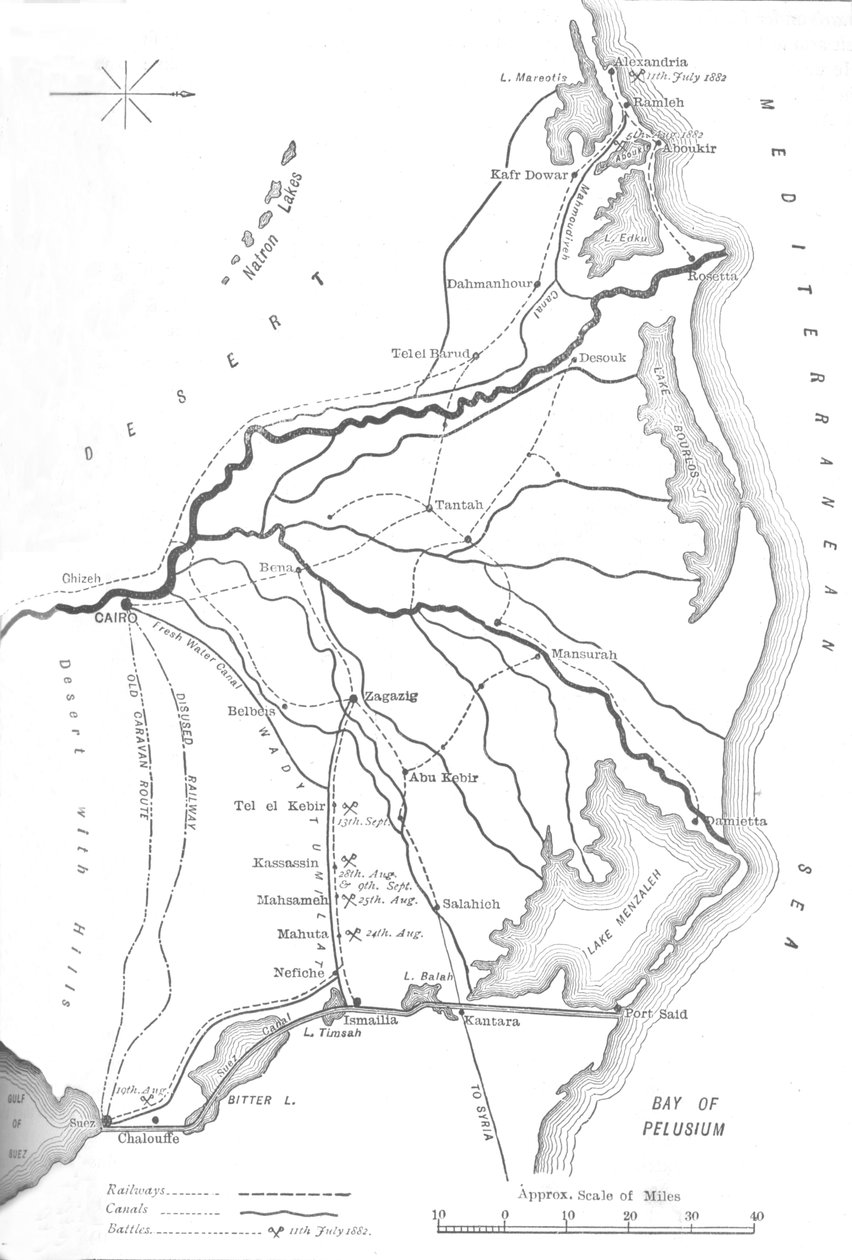 Mapa del Delta del Nilo, Puntos estratégicos en la campaña egipcia, 1882, c. 1882-85 de Unbekannt
