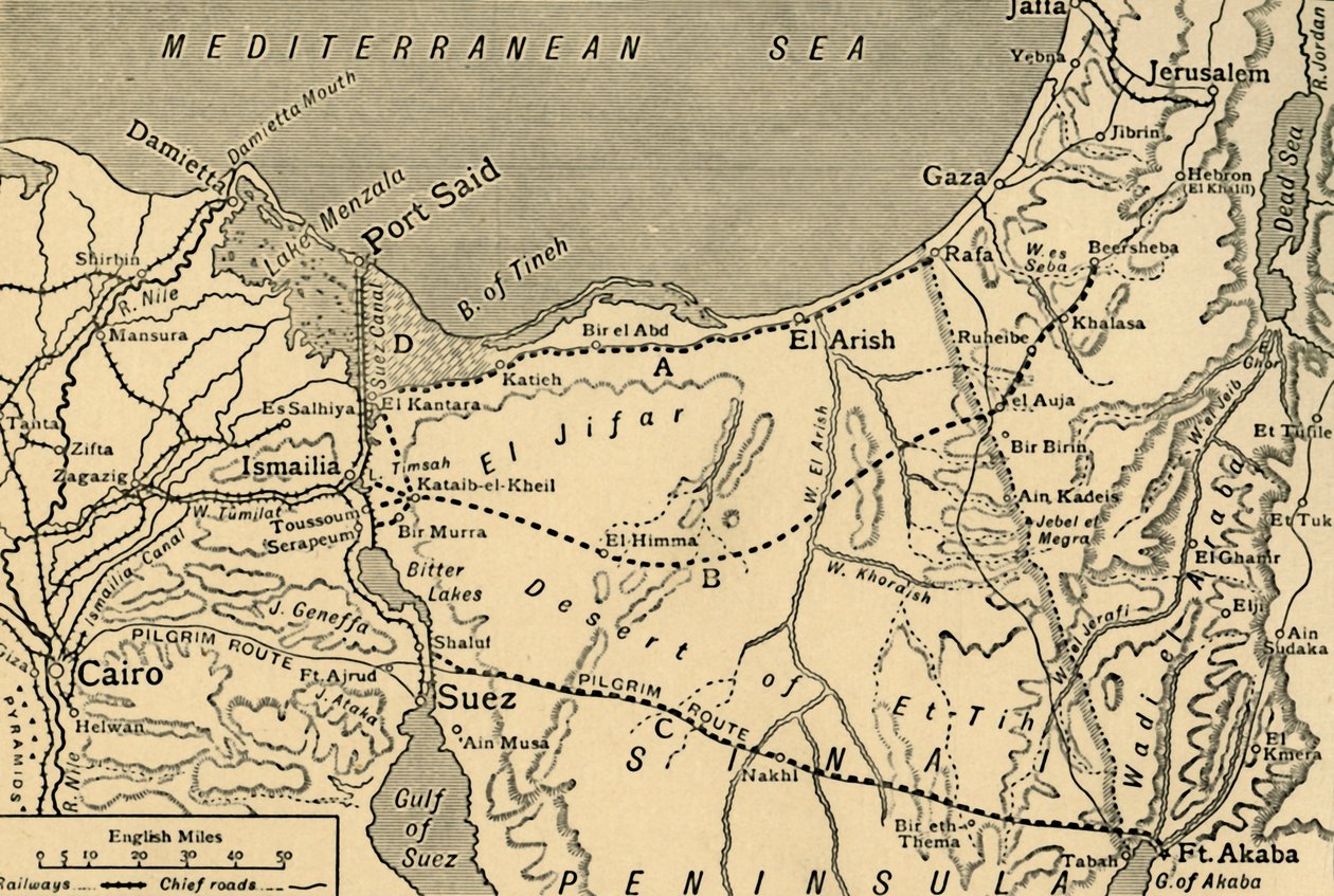 Mapa del ataque turco al Canal de Suez, Egipto, Primera Guerra Mundial, 1915 de Unbekannt