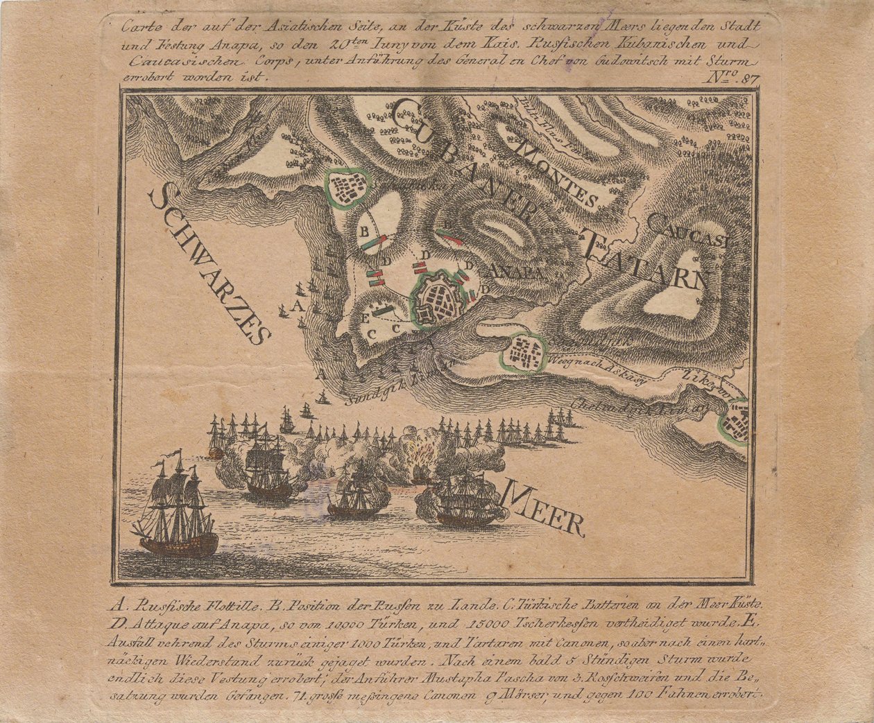 Mapa de la captura de la fortaleza marina de Anapa por las tropas rusas en el Mar Negro en junio de 1791 de Unbekannt